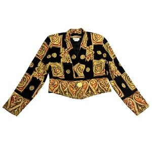 Cappagallo Black Gold Abstract Print Vintage Blazer Jacket Women's Size 10